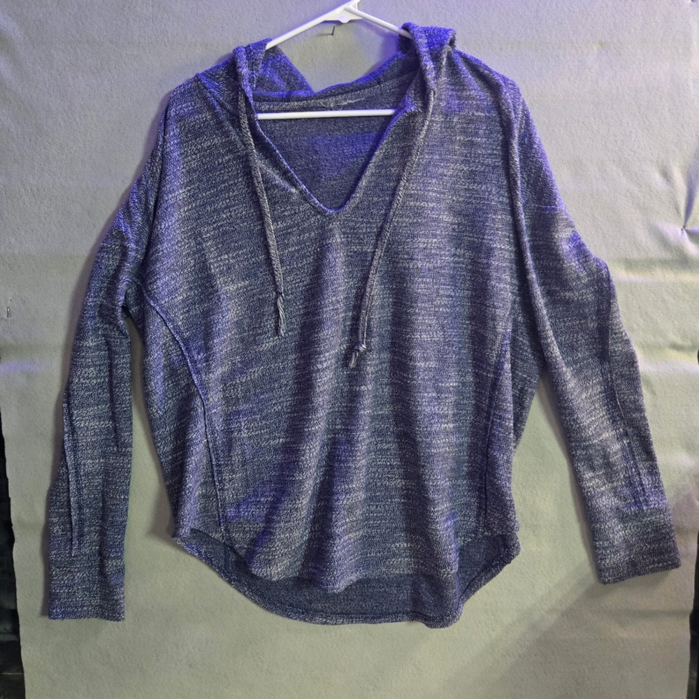 Roxy Womens Blue‎ Marled Knit Hooded Pullover Sweater V-Neck Relaxed Fit L